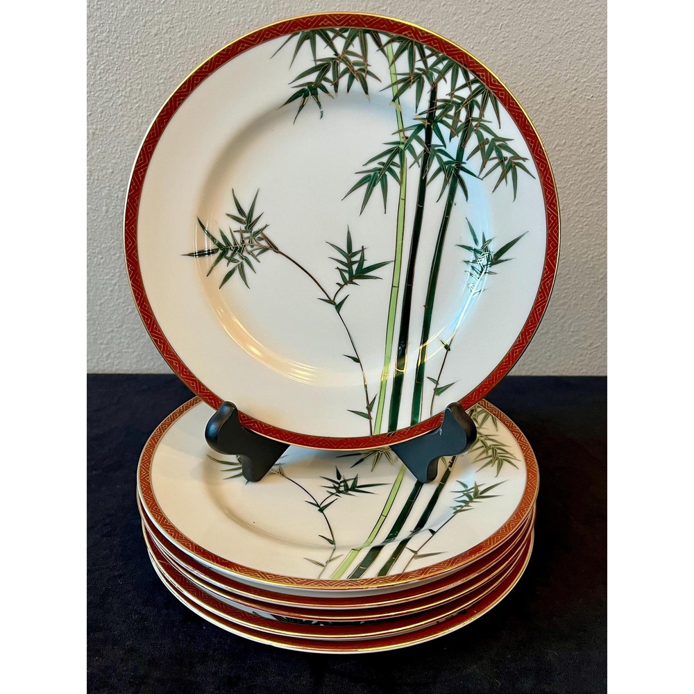Hakusan HKN4 Bamboo Salad Plates Set of 6 7.25" Japan Porcelain Vintage 1970s